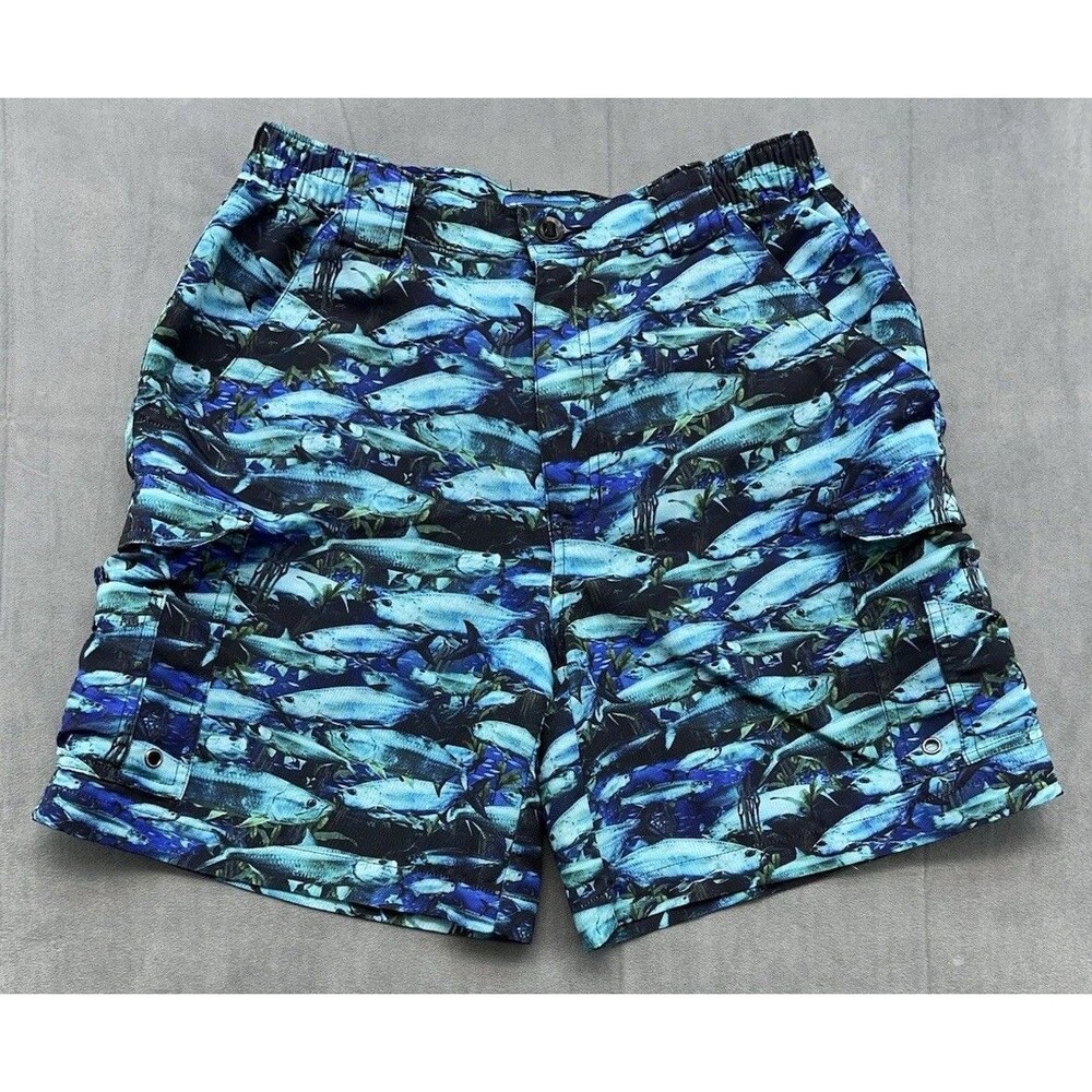 Reel Legends Fish AOP Print Cargo Shorts Mens Small Lightweight Fishing